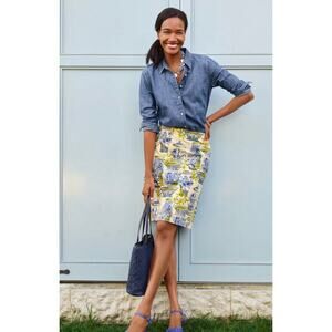 Talbots Womens 8 White Blue Watercolor Vase Cotton Canvas Mini Pencil Skirt Wear